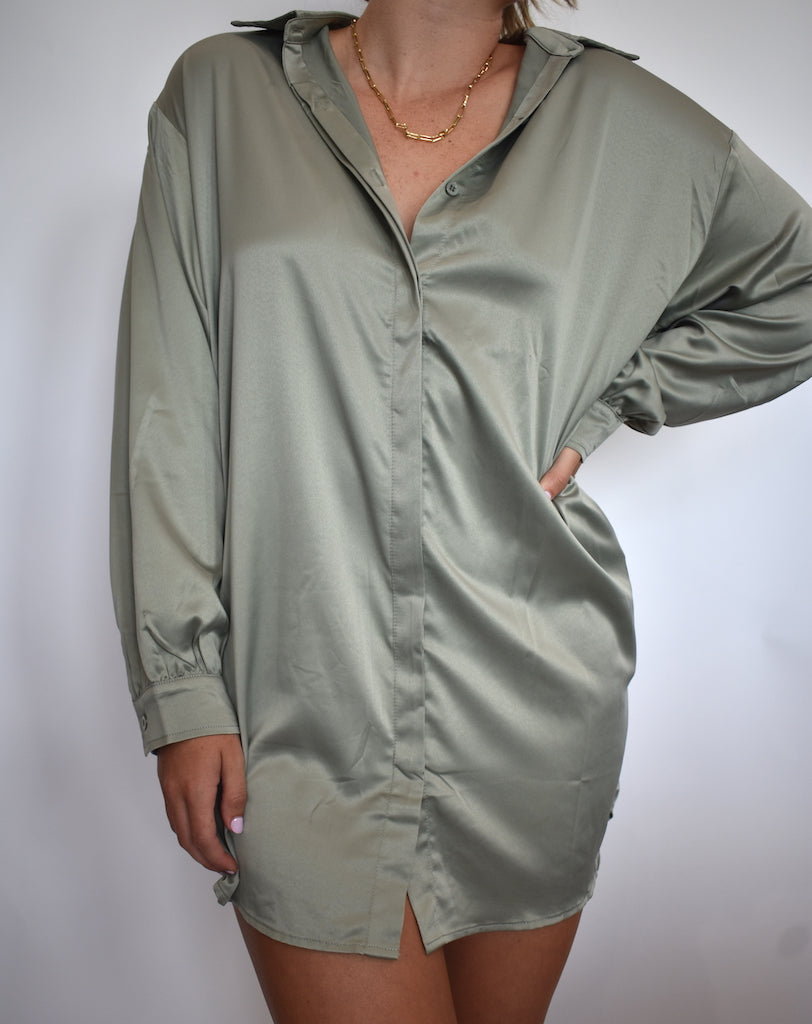 Sage Satin Shirt Mini Dress