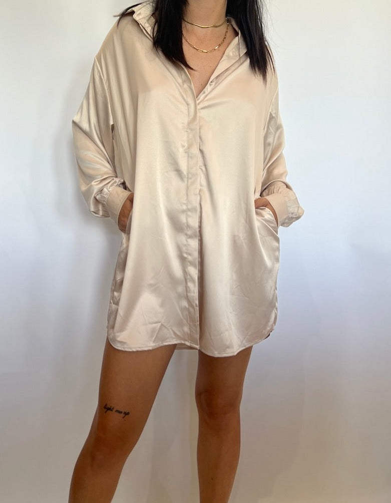 Champagne Satin Shirt Mini Dress