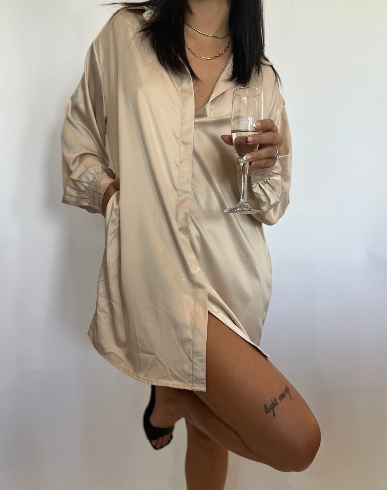 Champagne Satin Shirt Mini Dress